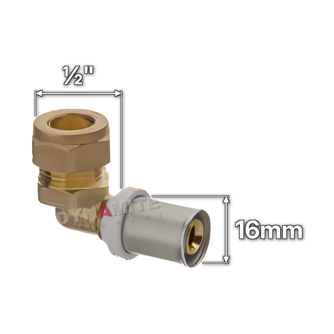 16mm Multilayer Crimp x ½" Copper Elbow Adaptor (code MFAD1612E), size marked with white arrows: 16mm crimp x ½" (14.7mm) compression for copper or PEX pipe