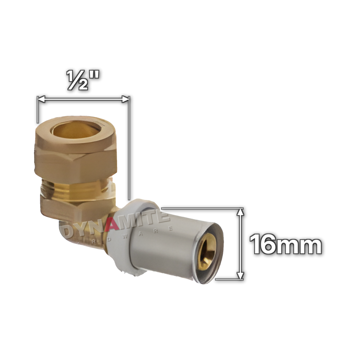16mm Multilayer Crimp x ½" Copper Elbow Adaptor (code MFAD1612E), size marked with white arrows: 16mm crimp x ½" (14.7mm) compression for copper or PEX pipe