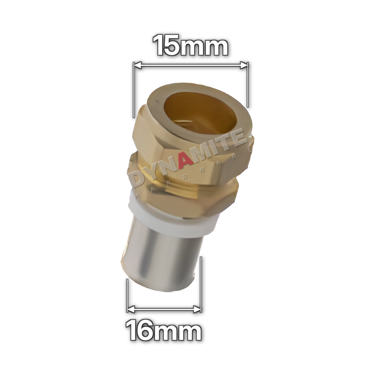 16mm Multilayer Crimp x 15mm Copper Adaptor (code MFAD1615), size marked with white arrows: 16mm crimp x 15mm compression for copper or PEX pipe