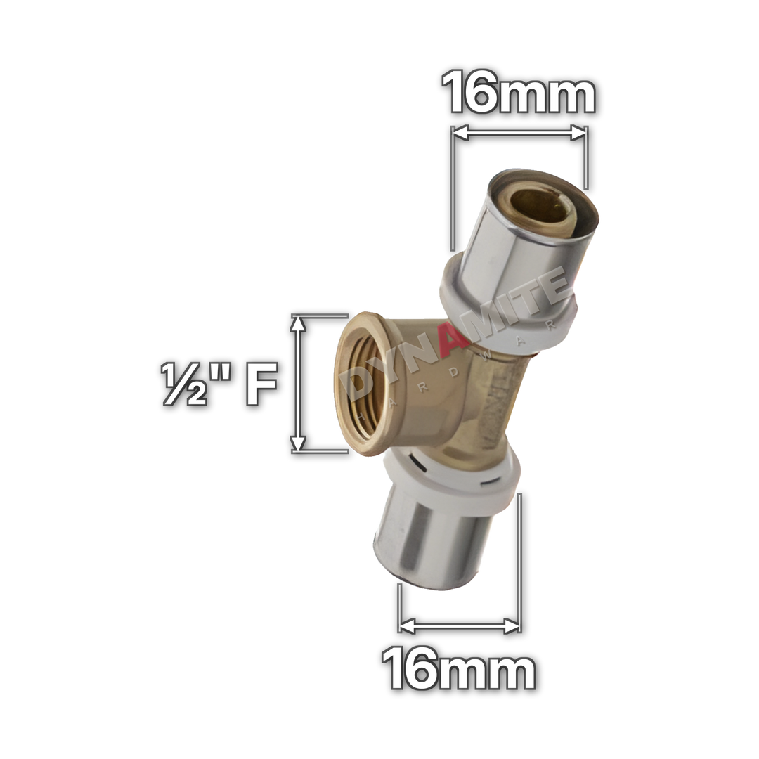 16mm x ½" Female x 16mm Multilayer Crimp Tee (code MF301612), size marked with white arrows: 16mm crimp x ½" female iron (BSP) branch x 16mm crimp