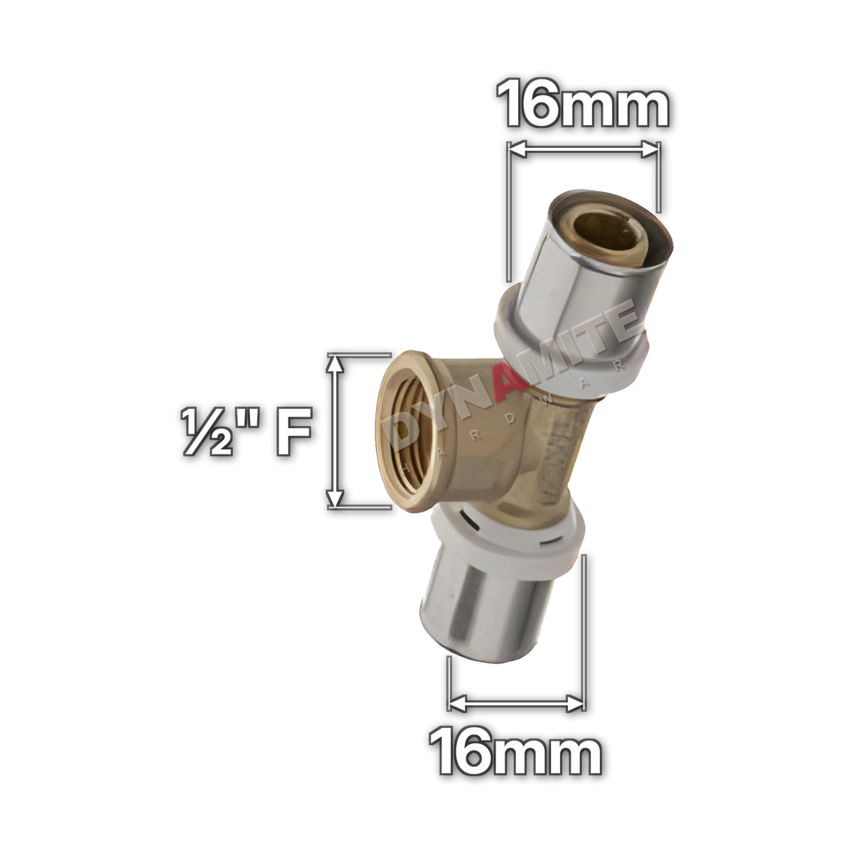 16mm x ½" Female x 16mm Multilayer Crimp Tee (code MF301612), size marked with white arrows: 16mm crimp x ½" female iron (BSP) branch x 16mm crimp