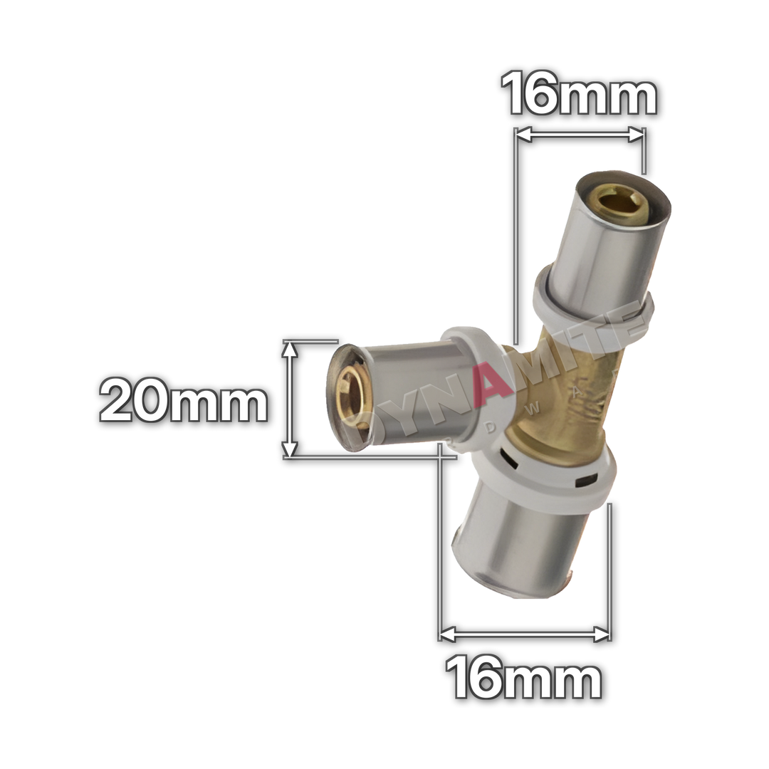 16mm x 20mm x 16mm Multilayer Crimp Reducing Tee (code MF18162016), size marked with white arrows: End 16mm x branch 20mm x end 16mm (all crimp)