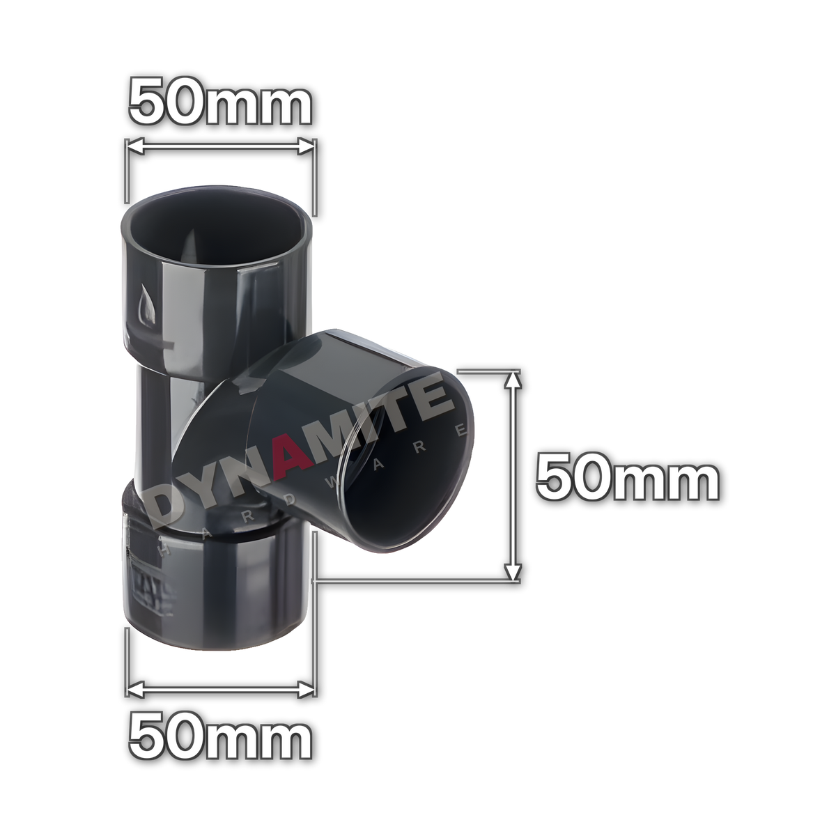 2" (50mm) Black Solvent Weld Waste 90° Equal Tee (code 5090TB), size marked with white arrows: 50mm x 50mm x 50mm