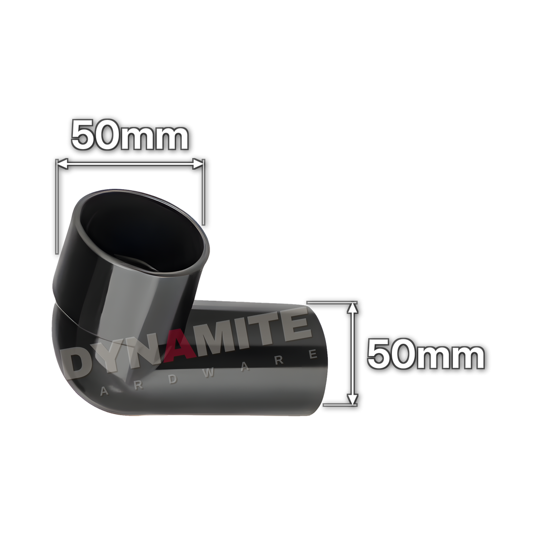 2" (50mm) Black Solvent Weld Waste 90° Male x Female Knuckle Elbow (code 50KWMFB), size marked with white arrows: 50mm x 50mm