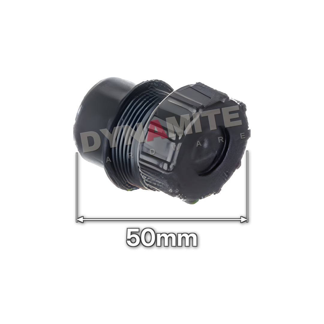 2" (50mm) Black Solvent Weld Waste Access Plug (Cleaning Eye) (code 50PB), size marked with white arrows: 50mm