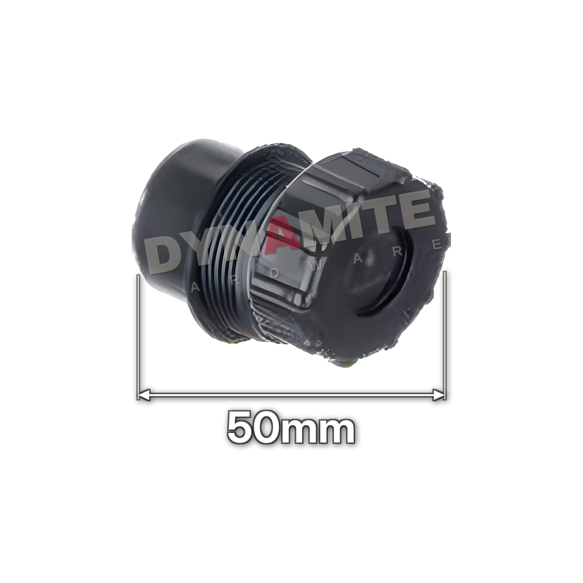 2" (50mm) Black Solvent Weld Waste Access Plug (Cleaning Eye) (code 50PB), size marked with white arrows: 50mm