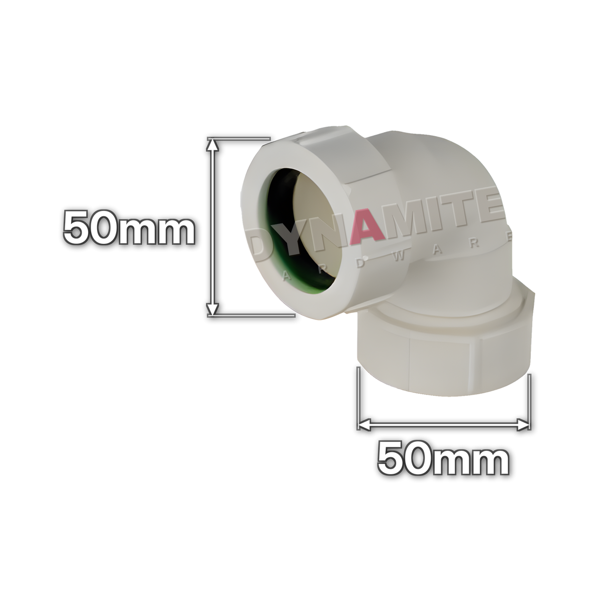2" (50mm) White Compression Waste 90° Elbow (code U22), size marked with white arrows: 50mm x 50mm
