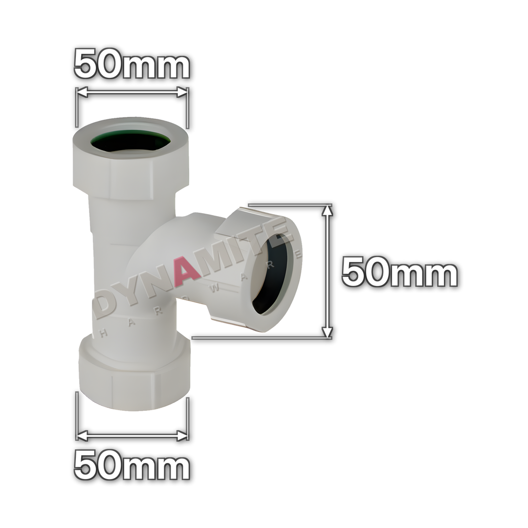 2" (50mm) White Compression Waste 90° Swept Tee (code U24), size marked with white arrows: 50mm x 50mm x 50mm
