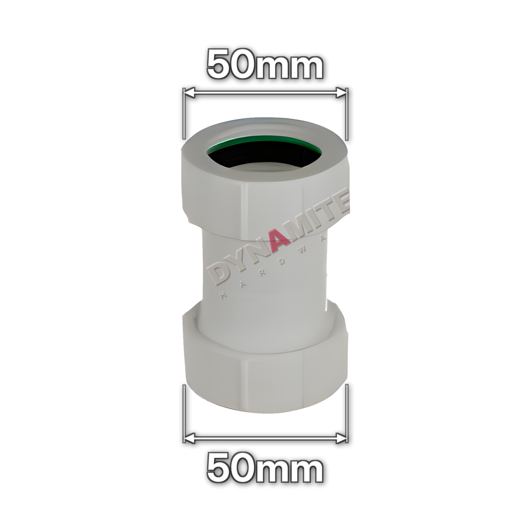 2" (50mm) White Compression Waste Straight Coupling (code U21), size marked with white arrows: 50mm x 50mm