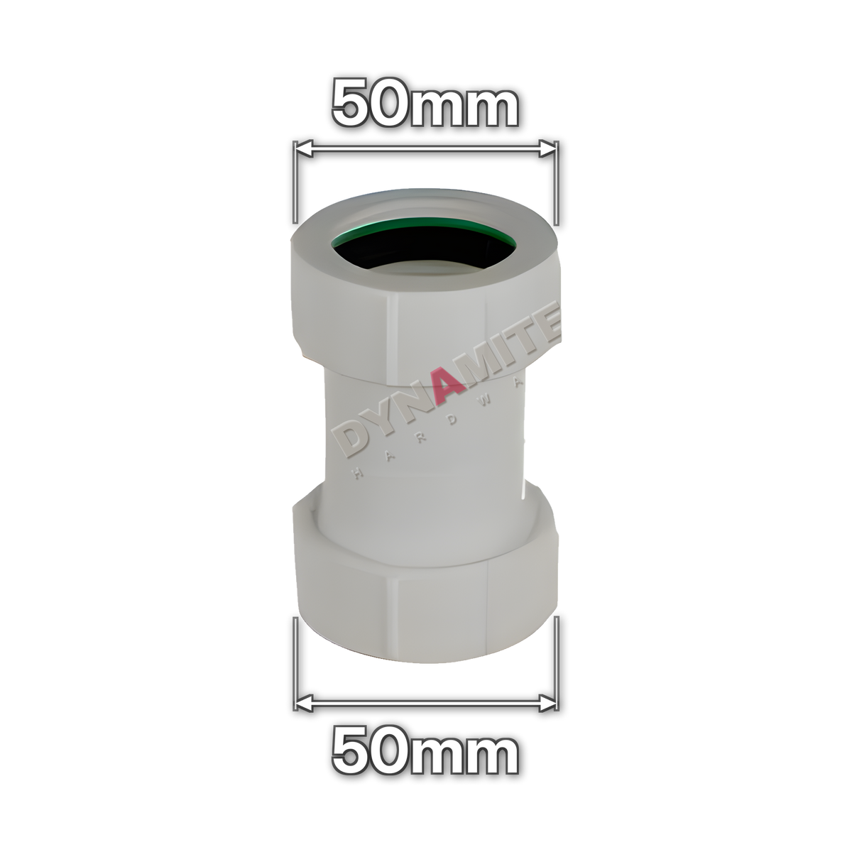 2" (50mm) White Compression Waste Straight Coupling (code U21), size marked with white arrows: 50mm x 50mm