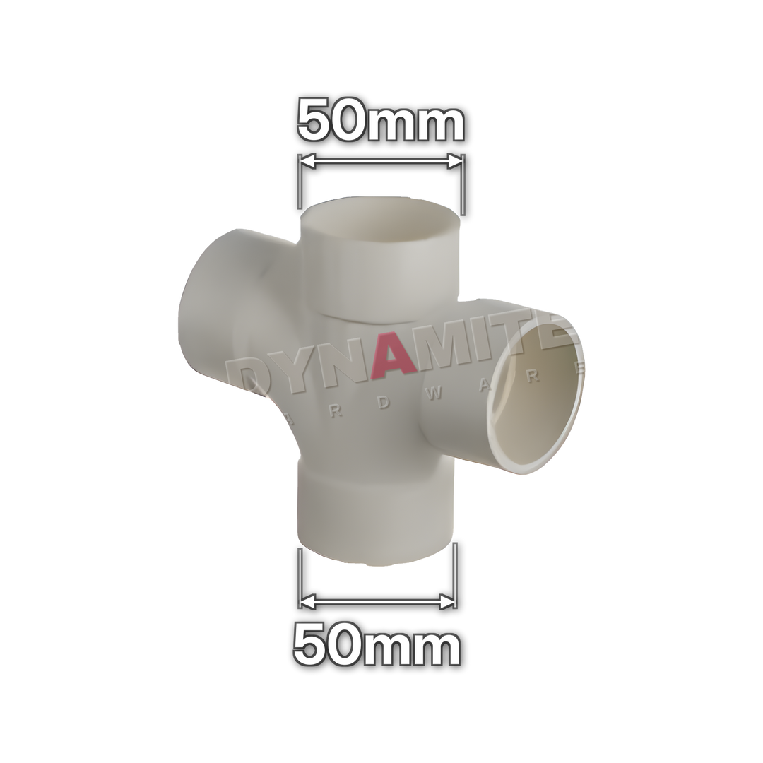 2" (50mm) White Solvent Weld Waste 90° Cross Tee (code 50CTW), size marked with white arrows: 50mm x 50mm
