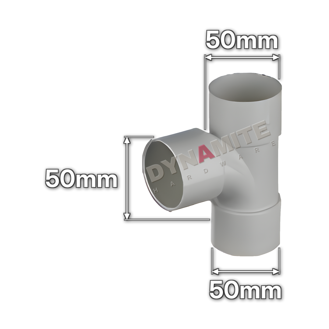 2" (50mm) White Solvent Weld Waste 90° Equal Tee (code 5090TW), size marked with white arrows: 50mm x 50mm x 50mm