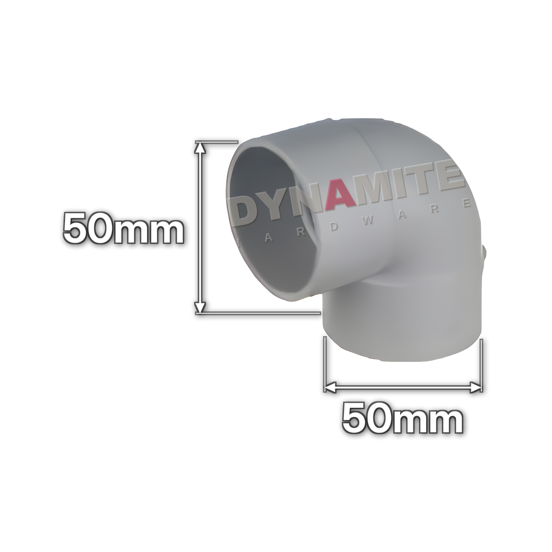 2" (50mm) White Solvent Weld Waste 90° Knuckle Elbow (code 50KW), size marked with white arrows: 50mm x 50mm
