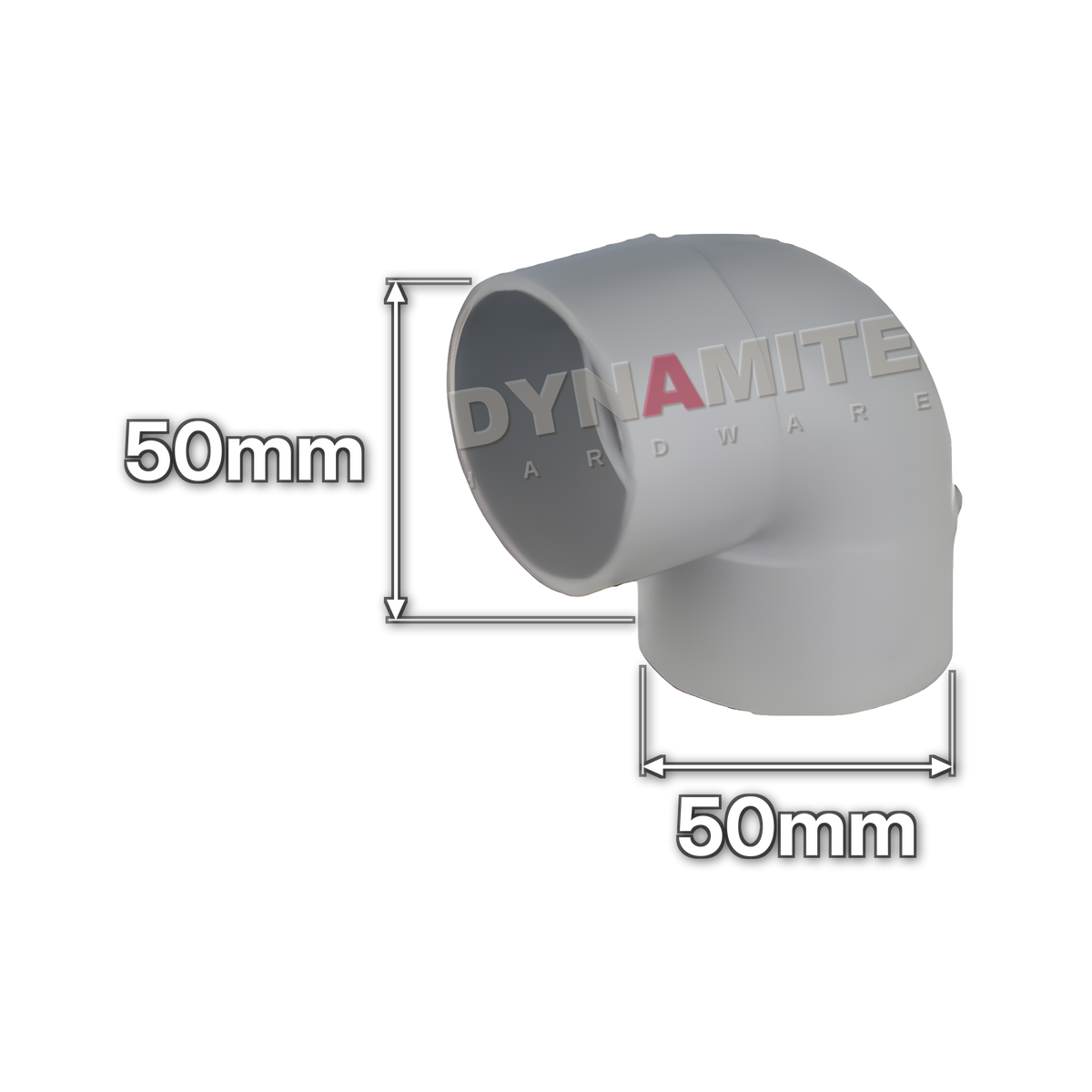2" (50mm) White Solvent Weld Waste 90° Knuckle Elbow (code 50KW), size marked with white arrows: 50mm x 50mm