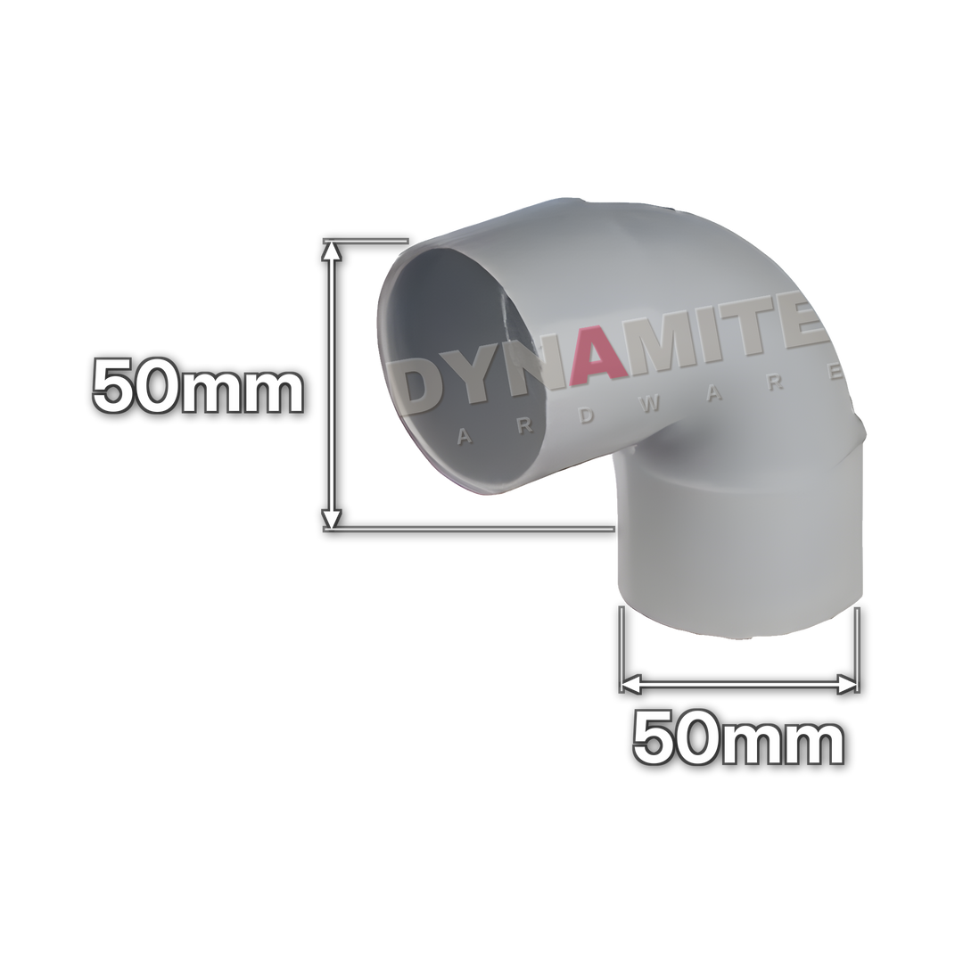 2" (50mm) White Solvent Weld Waste 90° Swept Elbow (code 50EW), size marked with white arrows: 50mm x 50mm
