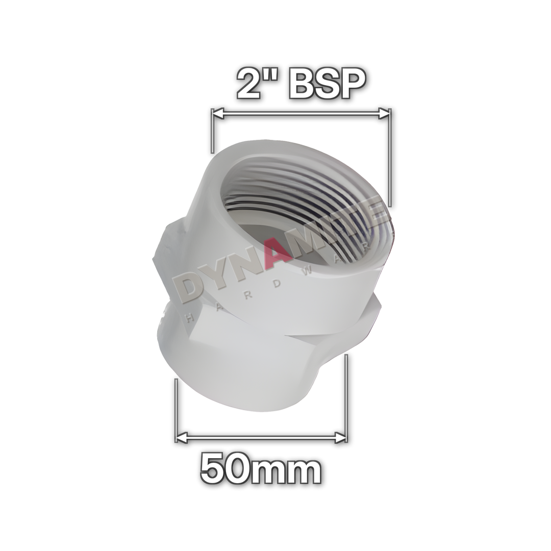 2" (50mm) White Waste Female Threaded Adaptor - 2" BSP (code 250FW), size marked with white arrows: 2" BSP x 50mm