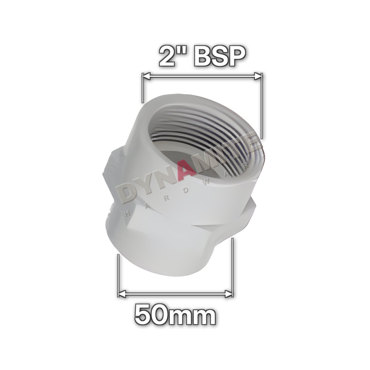 2" (50mm) White Waste Female Threaded Adaptor - 2" BSP (code 250FW), size marked with white arrows: 2" BSP x 50mm