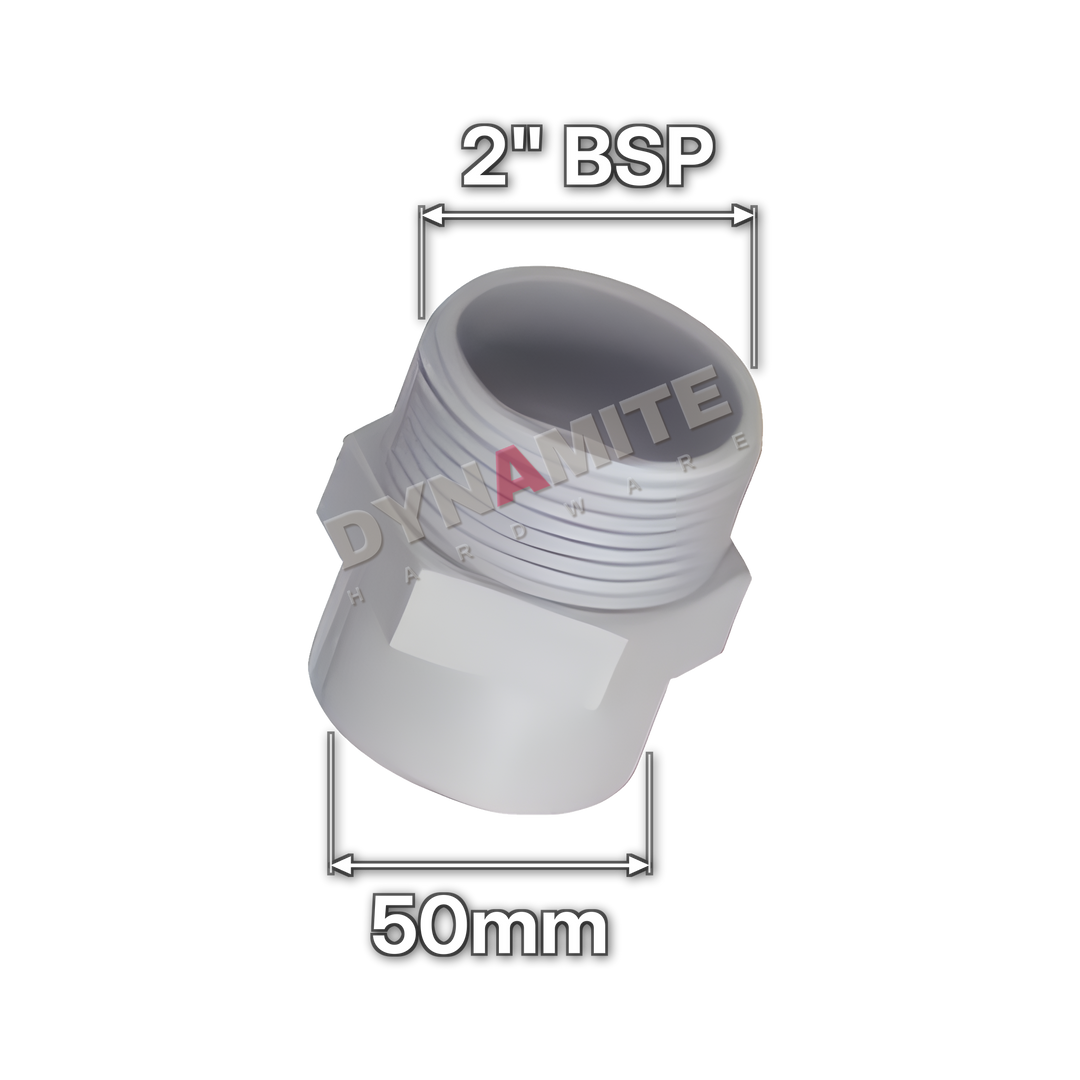 2" (50mm) White Waste Male Threaded Adaptor - 2" BSP (code 250W), size marked with white arrows: 2" BSP x 50mm