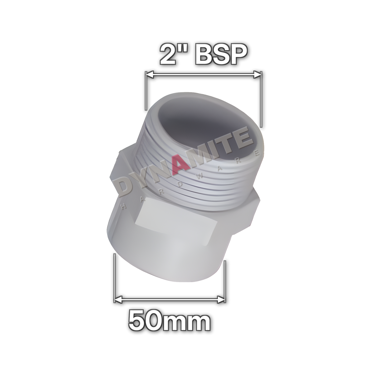 2" (50mm) White Waste Male Threaded Adaptor - 2" BSP (code 250W), size marked with white arrows: 2" BSP x 50mm