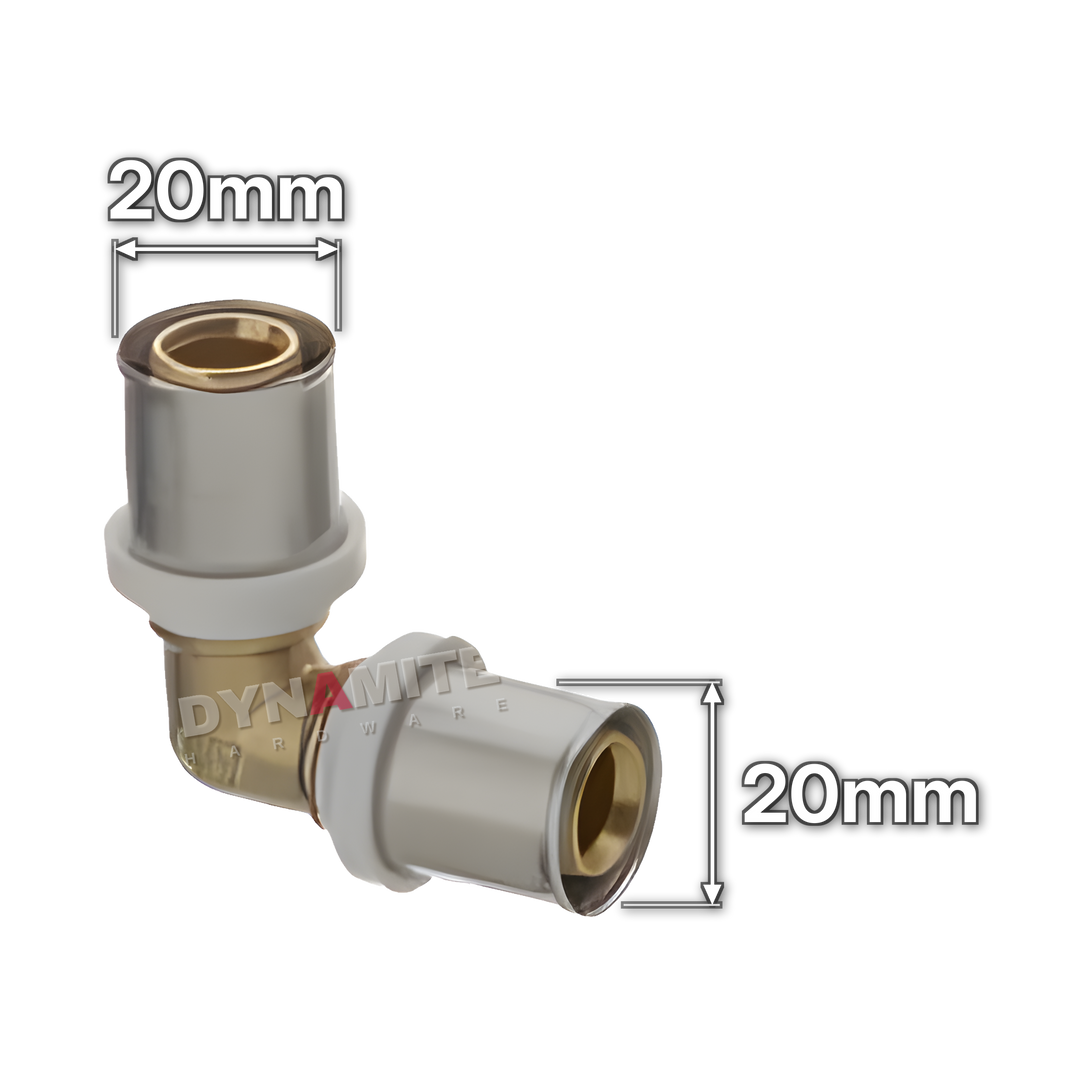 20mm Multilayer Crimp Elbow (code MF1520), size marked with white arrows: 20mm crimp x 20mm crimp, 90°