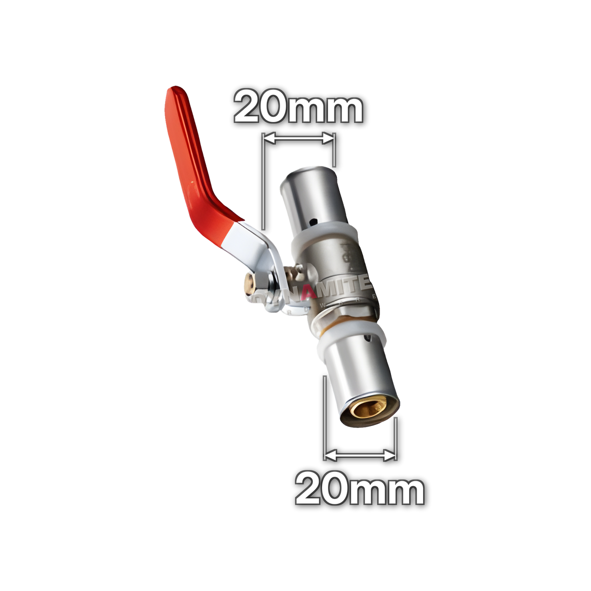20mm Multilayer Crimp Lever Ball Valve (code MF20BV), size marked with white arrows: 20mm crimp x 20mm crimp
