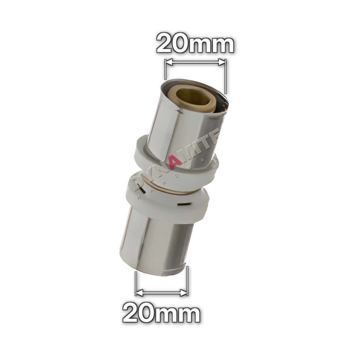 20mm Multilayer Crimp Straight Coupling (code MF1020), size marked with white arrows: 20mm crimp x 20mm crimp