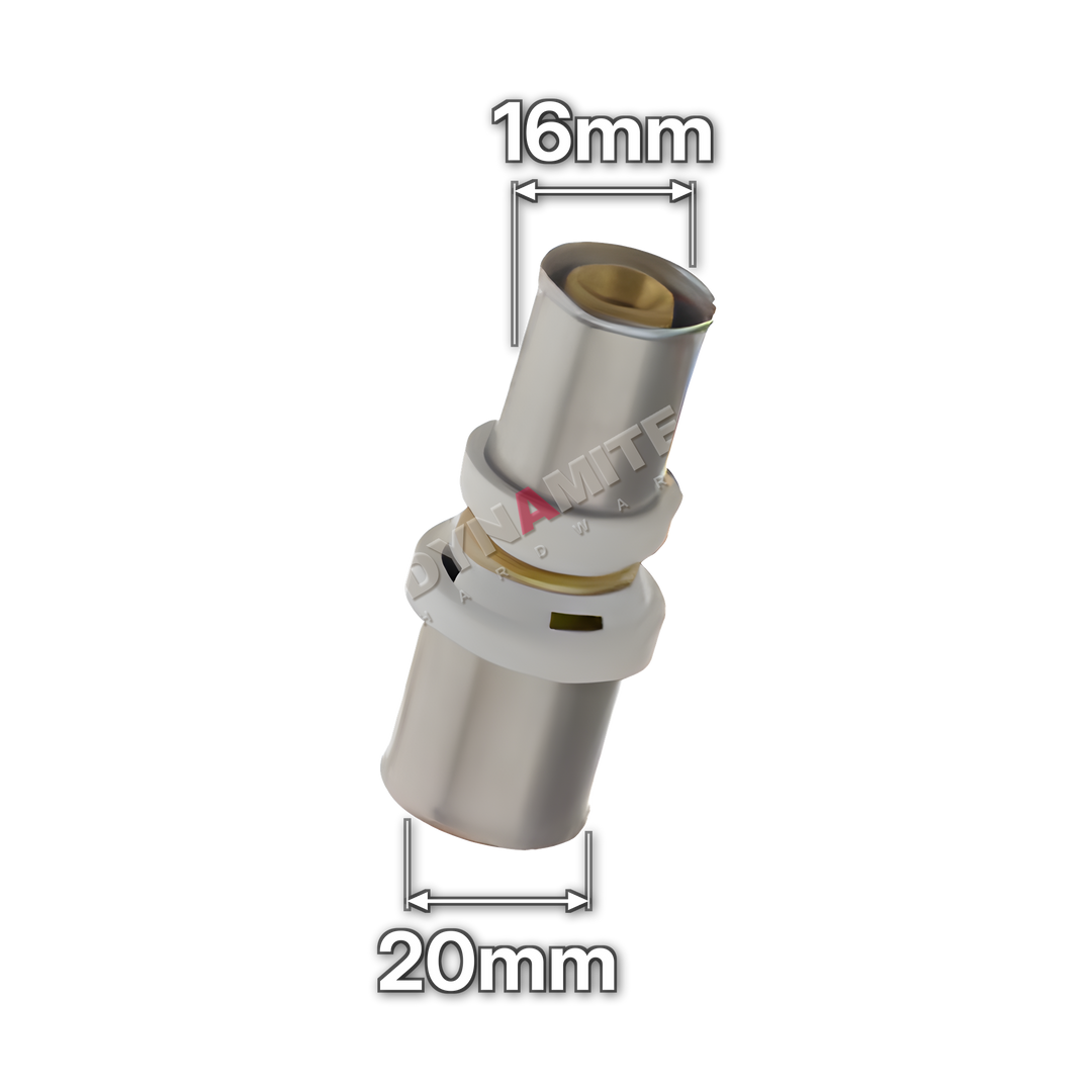 20mm x 16mm Multilayer Crimp Reducing Coupling (code MF102016), size marked with white arrows: 20mm crimp x 16mm crimp