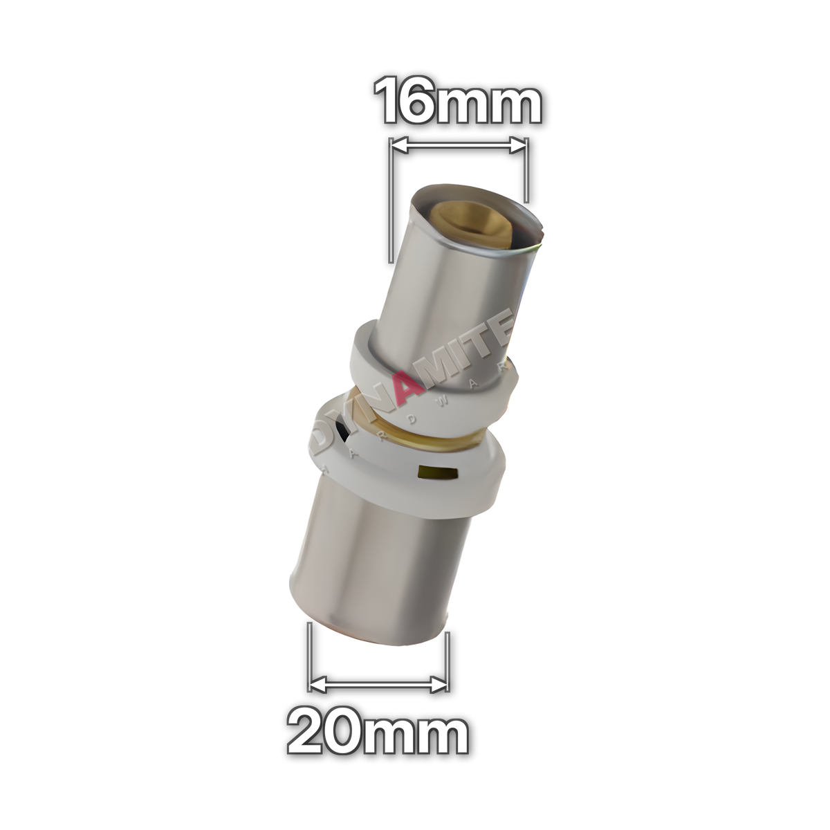 20mm x 16mm Multilayer Crimp Reducing Coupling (code MF102016), size marked with white arrows: 20mm crimp x 16mm crimp