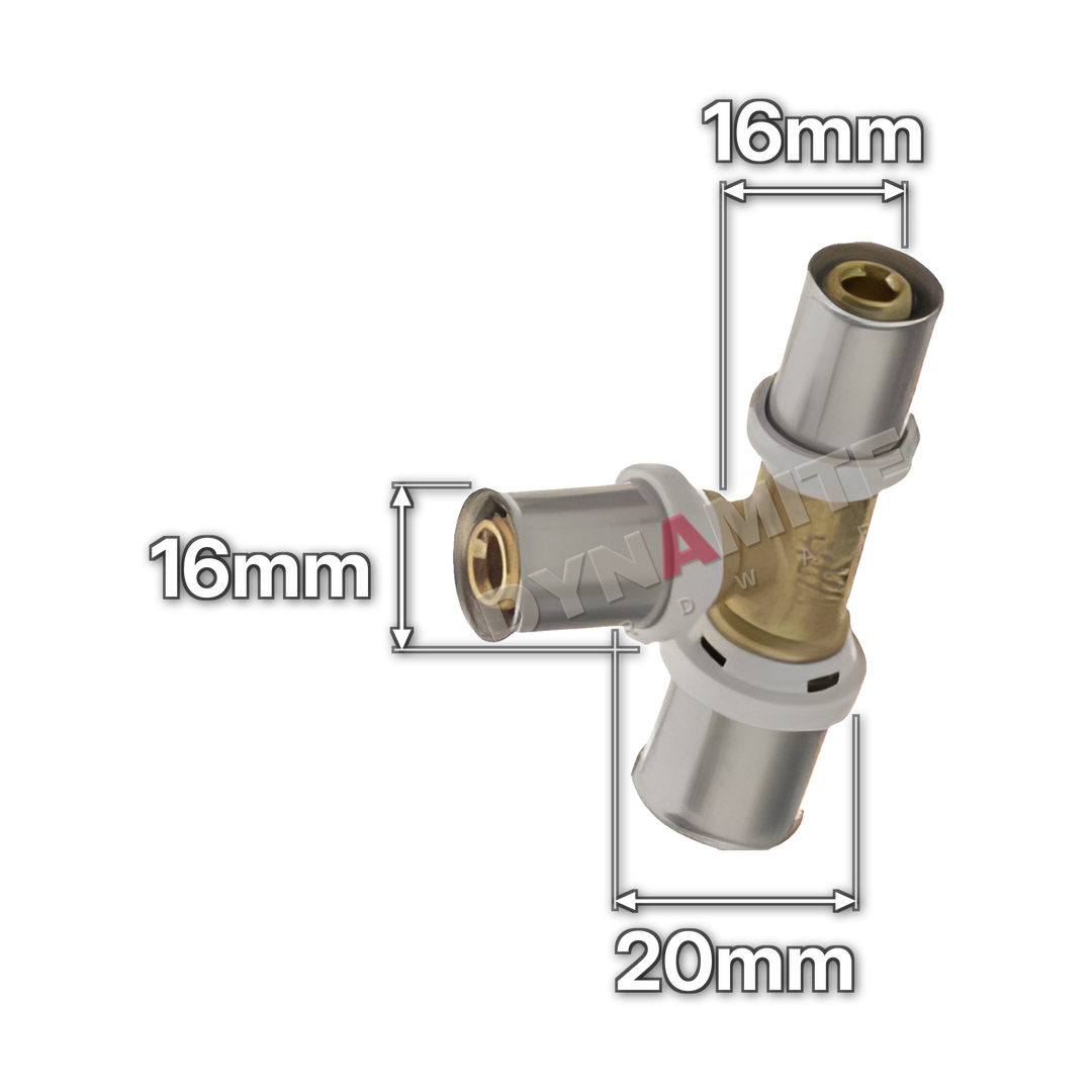 20mm x 16mm x 16mm Multilayer Crimp Reducing Tee (code MF18201616), size marked with white arrows: End 20mm x branch 16mm x end 16mm (all crimp)
