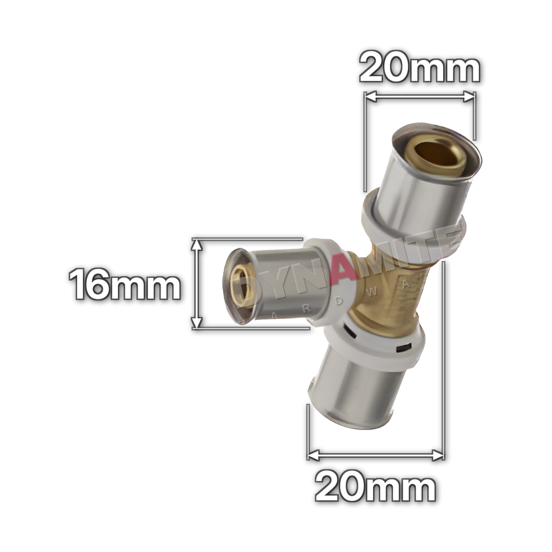 20mm x 16mm x 20mm Multilayer Crimp Reducing Tee (code MF18201620), size marked with white arrows: End 20mm x branch 16mm x end 20mm (all crimp)
