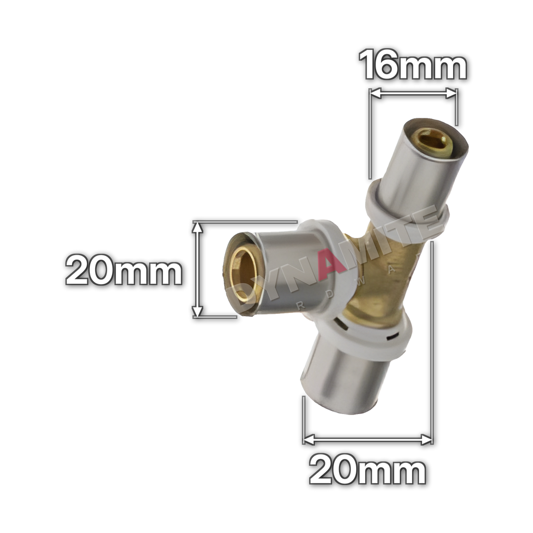 20mm x 20mm x 16mm Multilayer Crimp Reducing Tee (code MF18202016), size marked with white arrows: End 20mm x branch 20mm x end 16mm (all crimp)