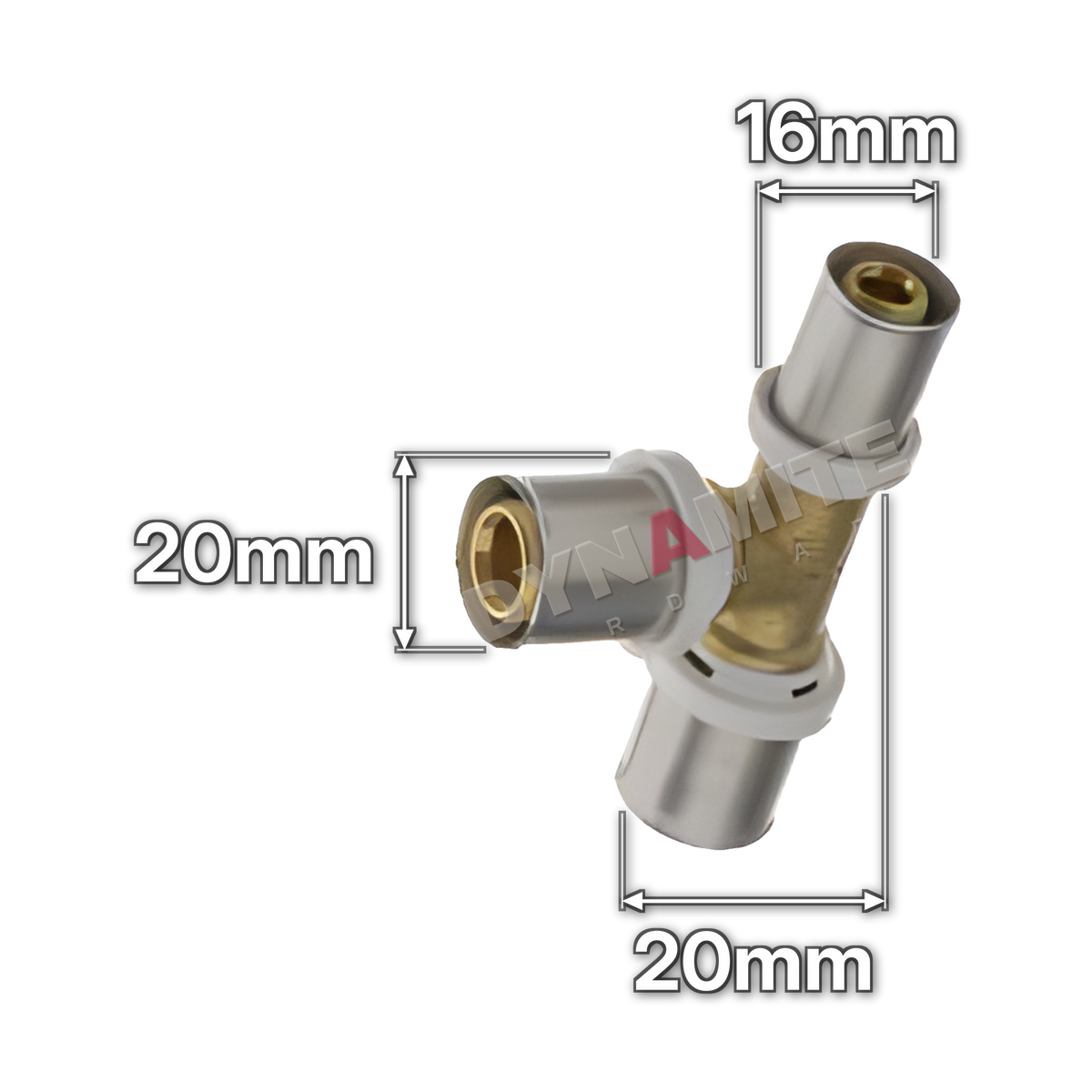 20mm x 20mm x 16mm Multilayer Crimp Reducing Tee (code MF18202016), size marked with white arrows: End 20mm x branch 20mm x end 16mm (all crimp)