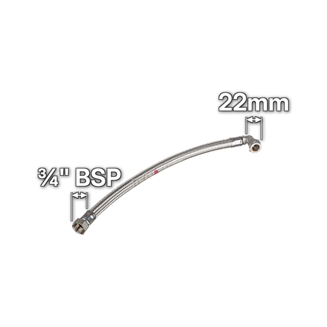 22mm x ¾" Flexible Tap Connector - Elbow Compression End, sizes marked with white arrows: ¾" BSP and 22mm