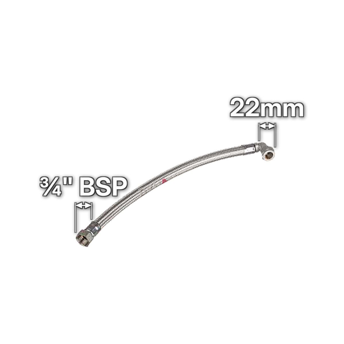 22mm x ¾" Flexible Tap Connector - Elbow Compression End, sizes marked with white arrows: ¾" BSP and 22mm