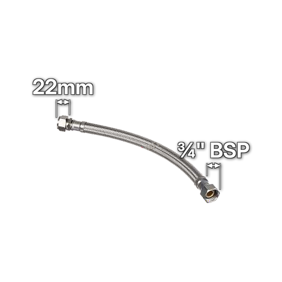 22mm x ¾" Flexible Tap Connector, sizes marked with white arrows: 22mm and ¾" BSP