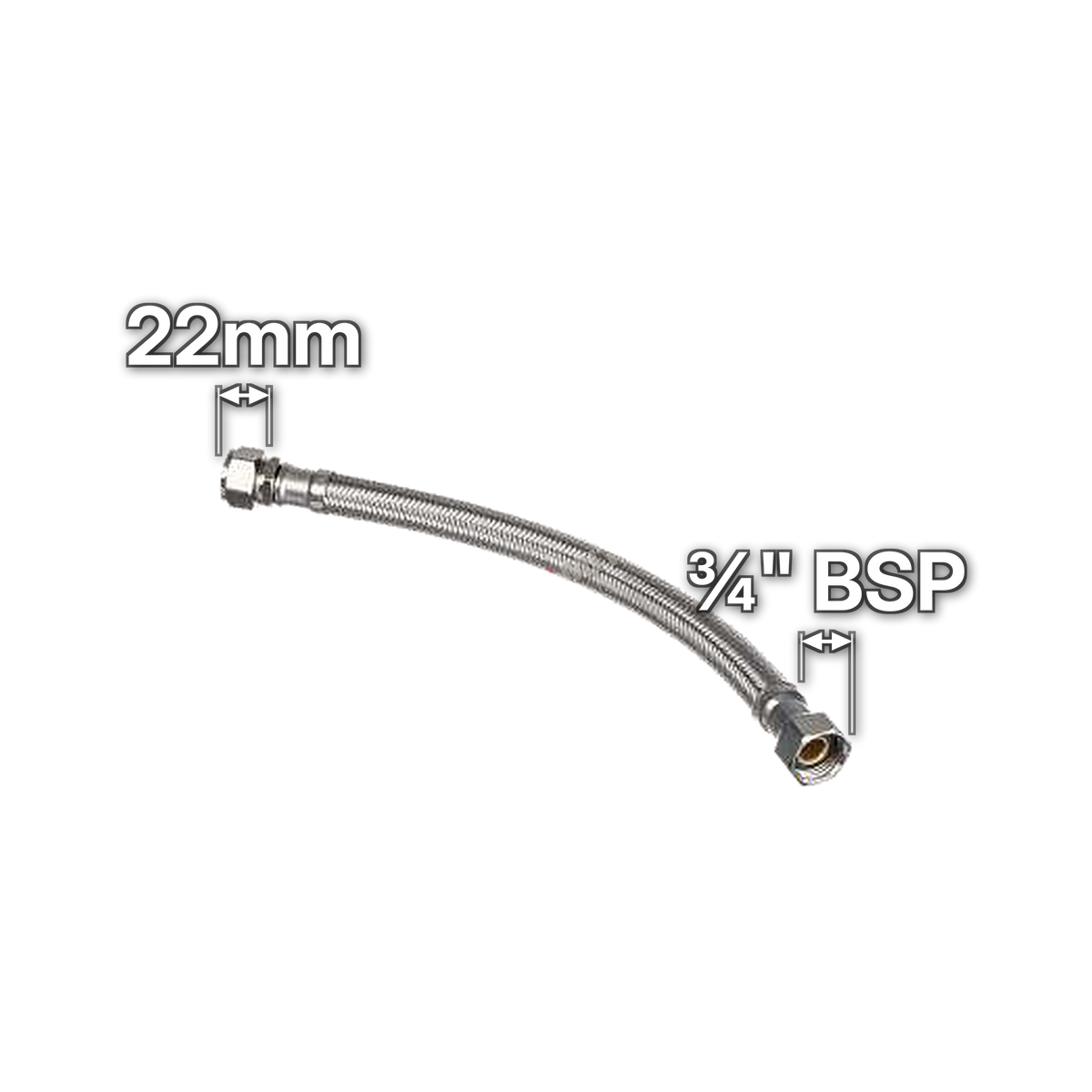 22mm x ¾" Flexible Tap Connector, sizes marked with white arrows: 22mm and ¾" BSP