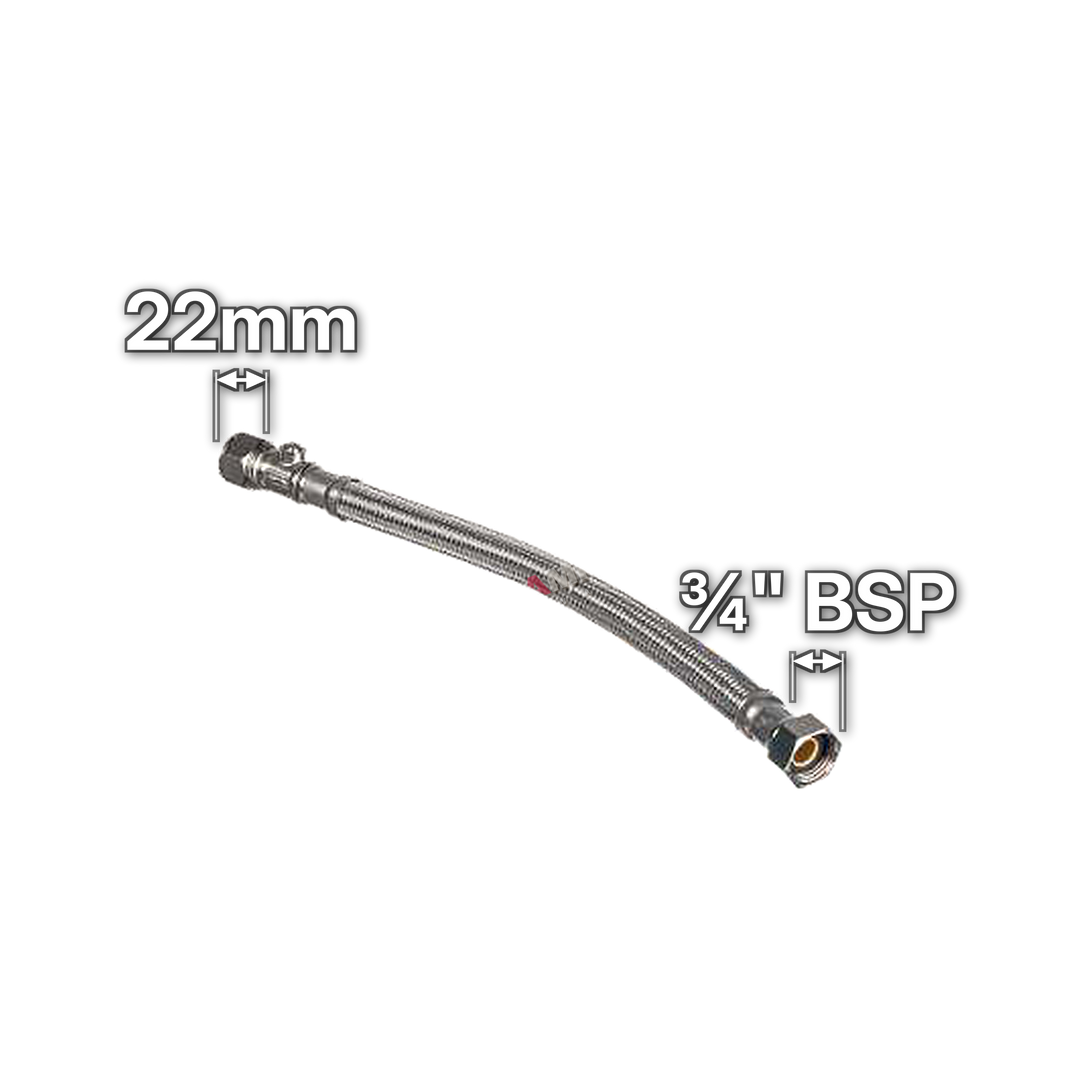 22mm x ¾" Flexible Tap Connector with Isolating Valve, sizes marked with white arrows: 22mm and ¾" BSP