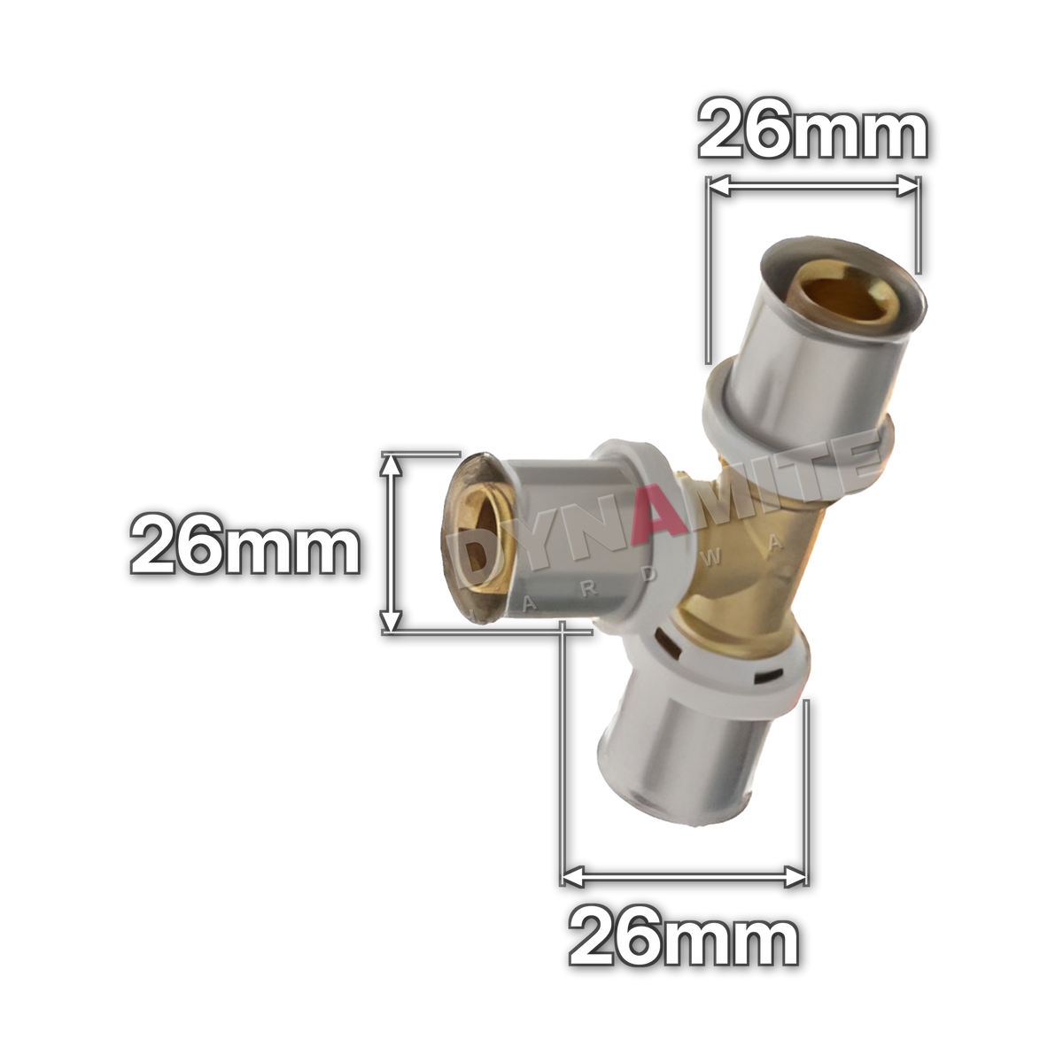 26mm Multilayer Crimp Equal Tee (code MF1826), size marked with white arrows: 26mm crimp on all three ends