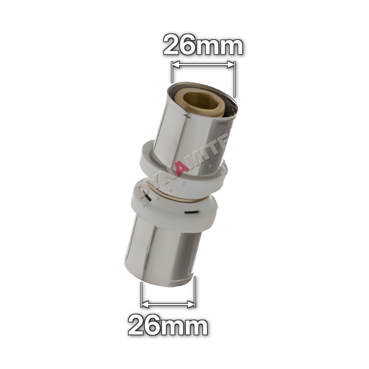 26mm Multilayer Crimp Straight Coupling (code MF1026), size marked with white arrows: 26mm crimp x 26mm crimp