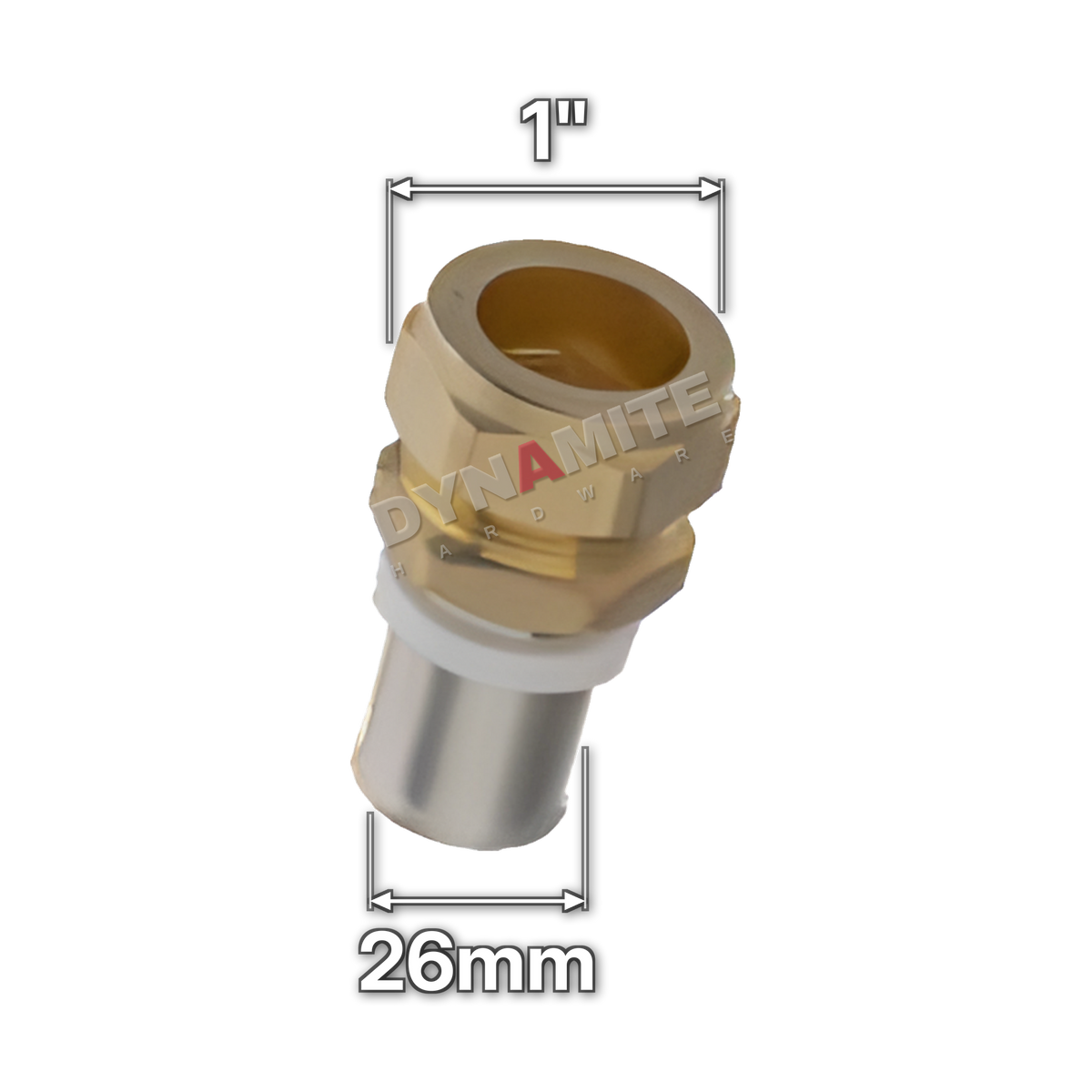 26mm Multilayer Crimp x 1" Copper Adaptor (code MFAD261), size marked with white arrows: 26mm crimp x 1" (27.4mm) compression for copper or PEX pipe