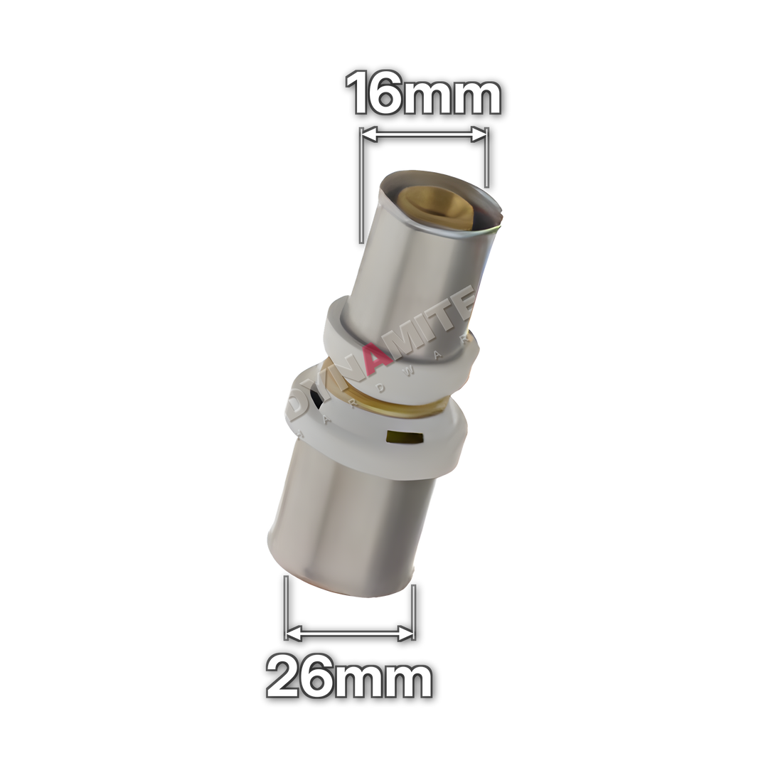 26mm x 16mm Multilayer Crimp Reducing Coupling (code MF102616), size marked with white arrows: 26mm crimp x 16mm crimp