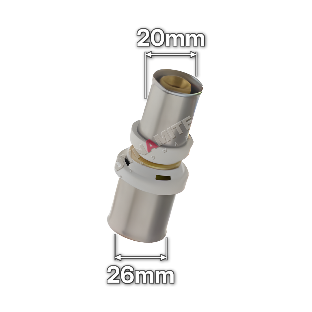 26mm x 20mm Multilayer Crimp Reducing Coupling (code MF102620), size marked with white arrows: 26mm crimp x 20mm crimp