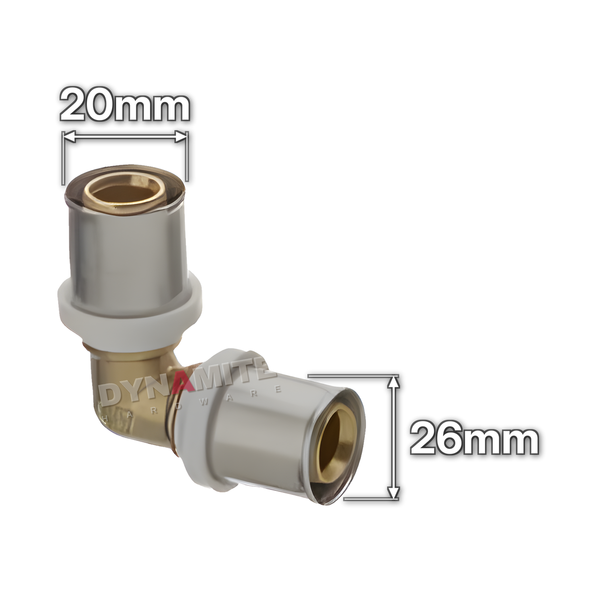26mm x 20mm Multilayer Crimp Reducing Elbow (code MF152620), size marked with white arrows: 26mm crimp x 20mm crimp, 90°
