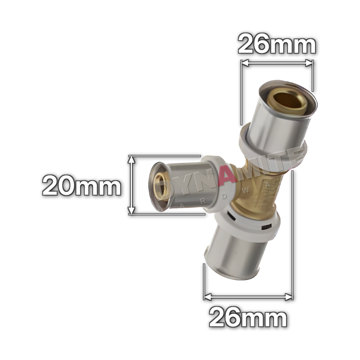 26mm x 20mm x 26mm Multilayer Crimp Reducing Tee (code MF18262026), size marked with white arrows: End 26mm x branch 20mm x end 26mm (all crimp)