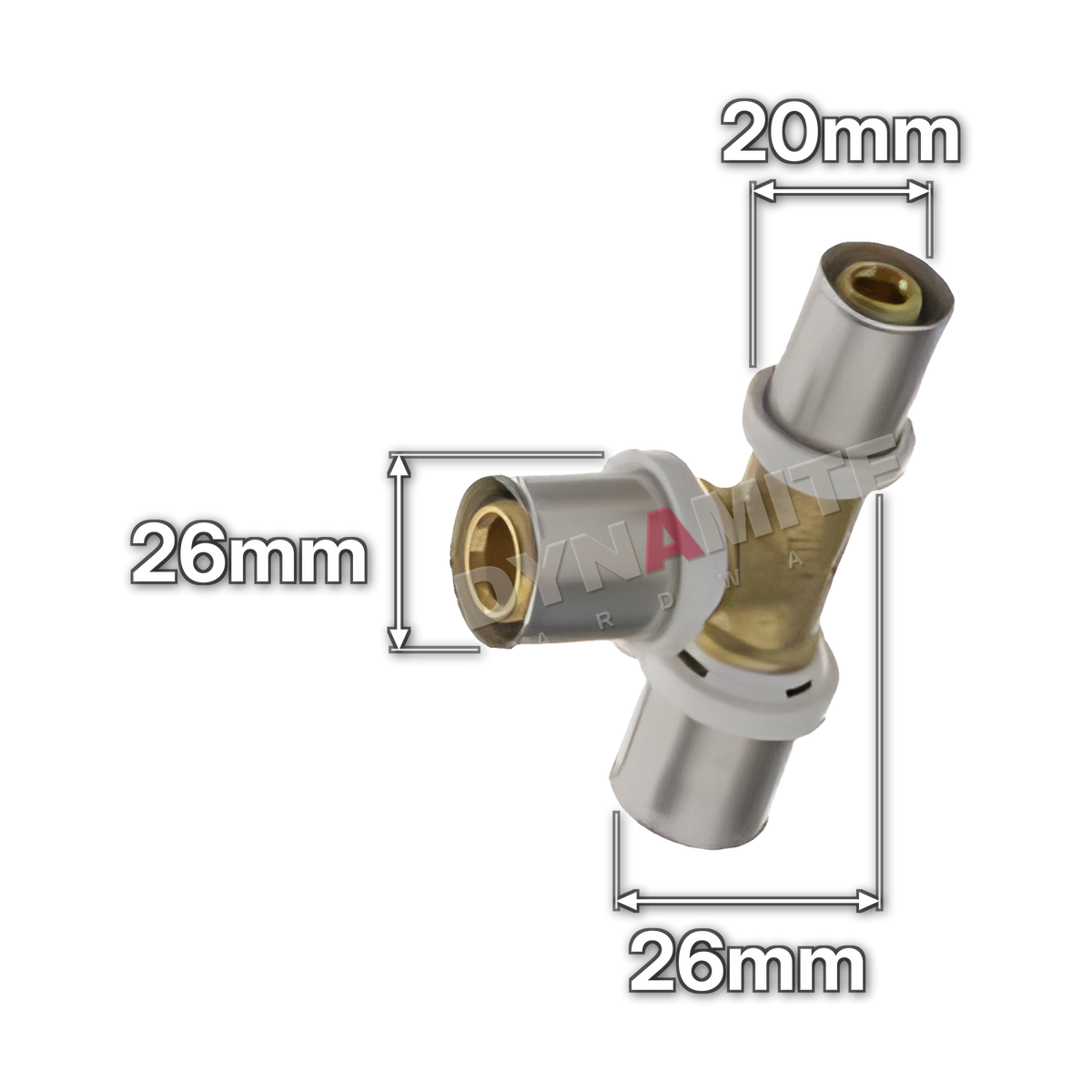 26mm x 26mm x 20mm Multilayer Crimp Reducing Tee (code MF18262620), size marked with white arrows: End 26mm x branch 26mm x end 20mm (all crimp)