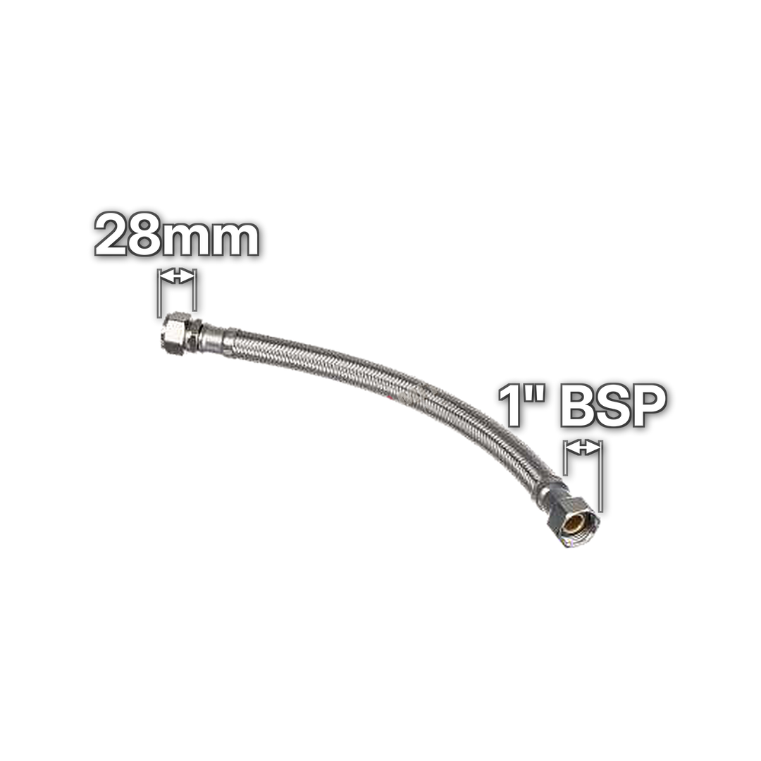 28mm x 1" Flexible Tap Connector, sizes marked with white arrows: 28mm and 1" BSP