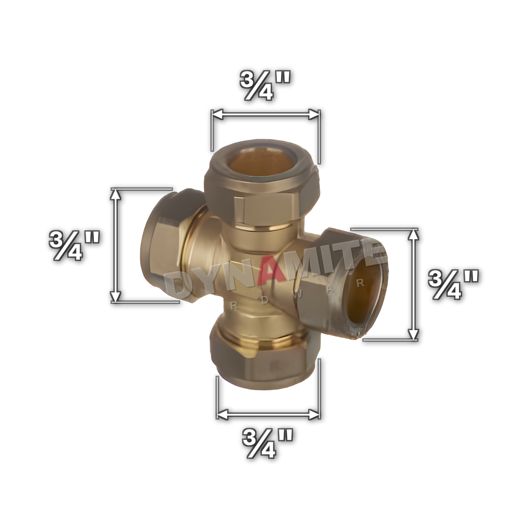 ¾" brass compression cross tee (Excel 32234), white arrows mark each connection: ¾" compression, ¾" compression, ¾" compression, ¾" compression