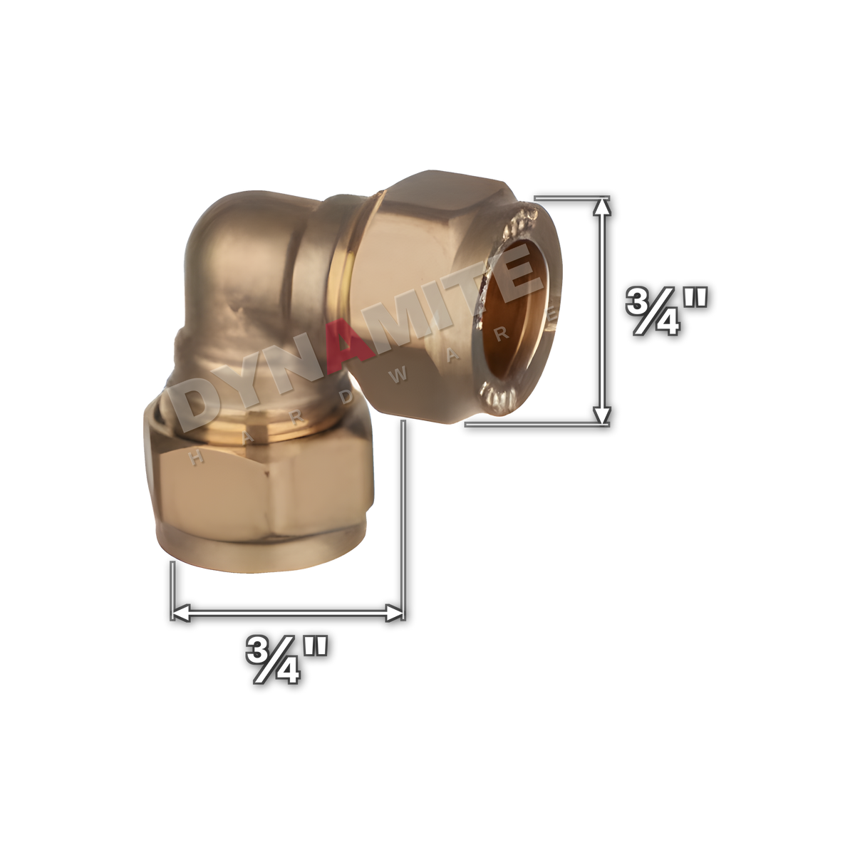 ¾" brass compression elbow (Excel 31534), white arrows mark each connection: ¾" compression, ¾" compression