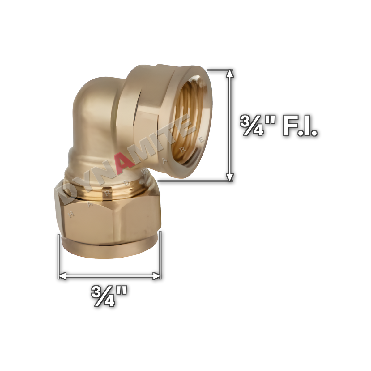 ¾" brass compression female iron elbow (Excel 31734), white arrows mark each connection: ¾" female iron (BSP), ¾" compression