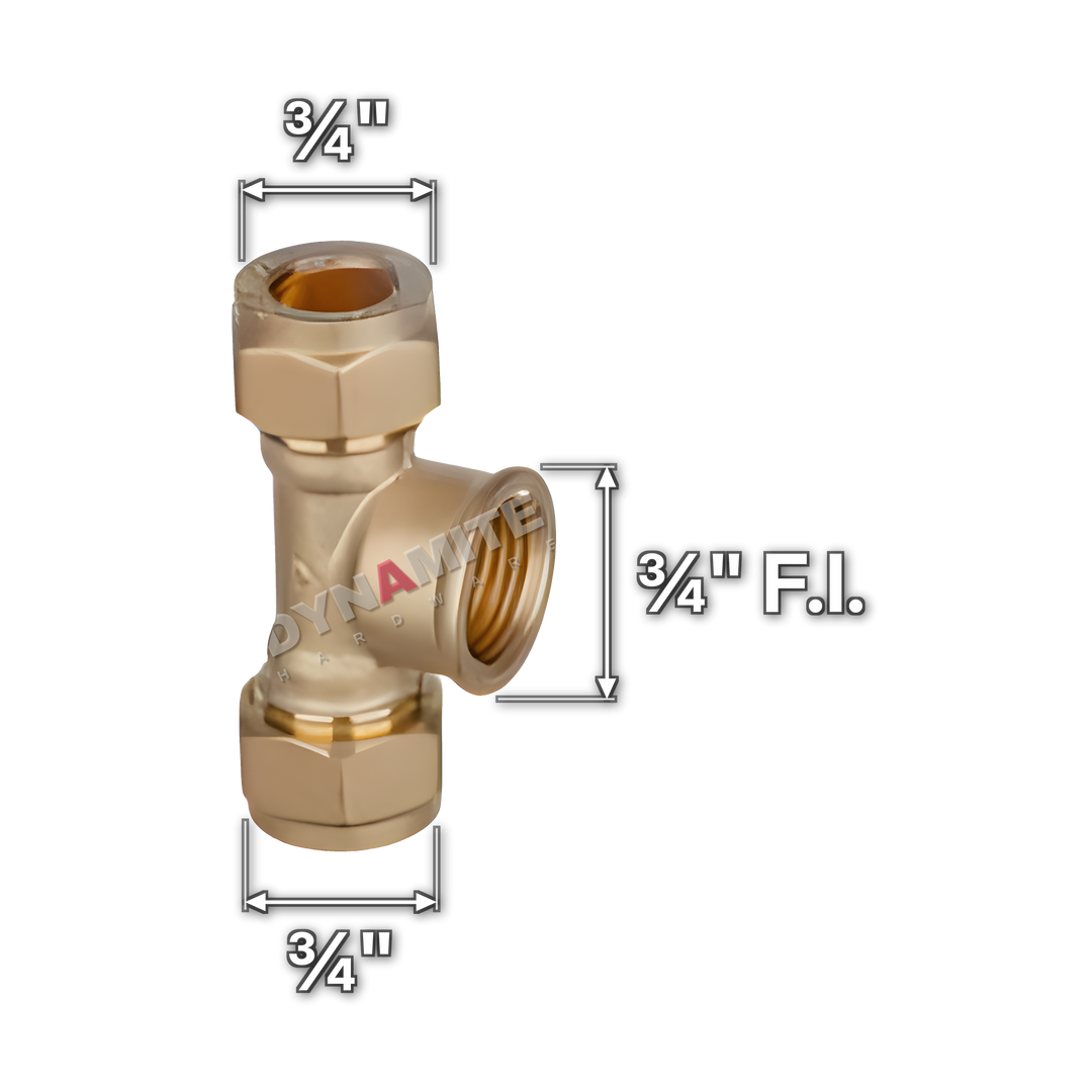 ¾" brass compression female iron tee (Excel 33034), white arrows mark each connection: ¾" compression, ¾" compression, ¾" female iron (BSP)